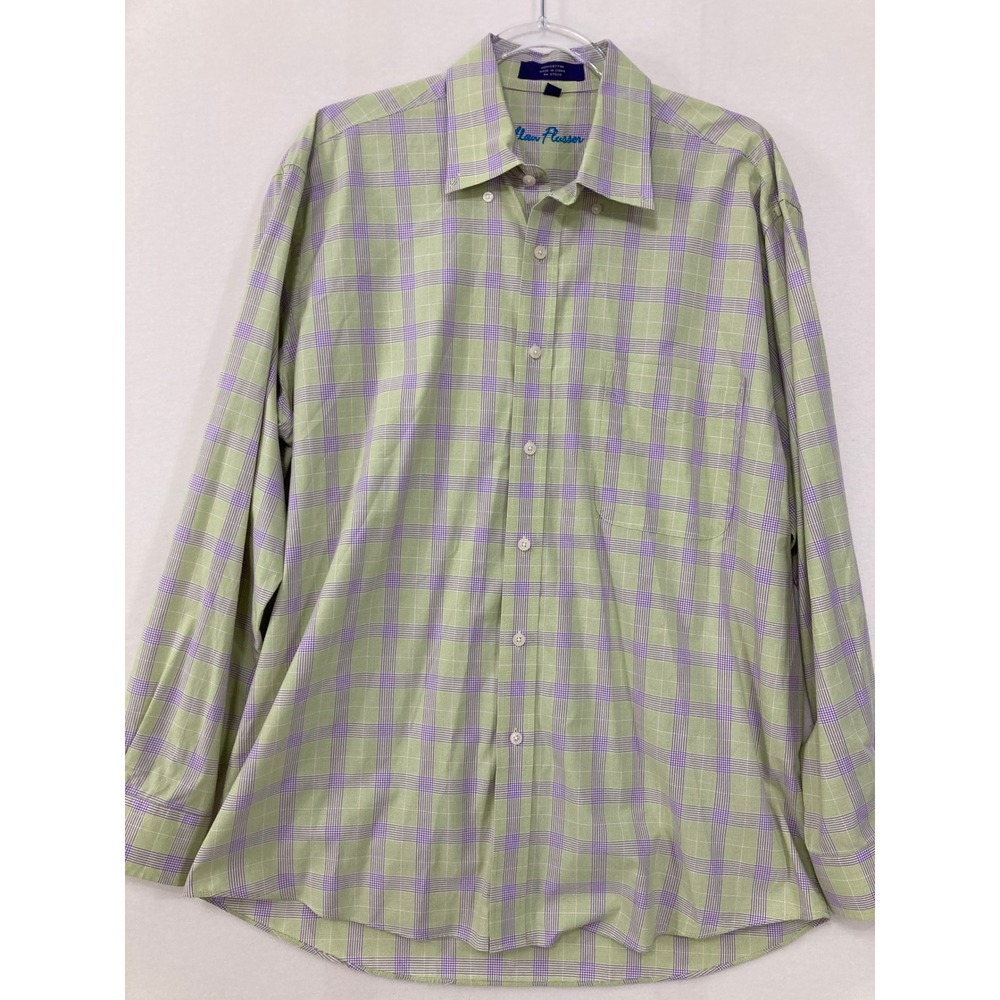 Alan Flusser Button Down Shirt Large Green Purple Plaid Long Sleeve Cotton